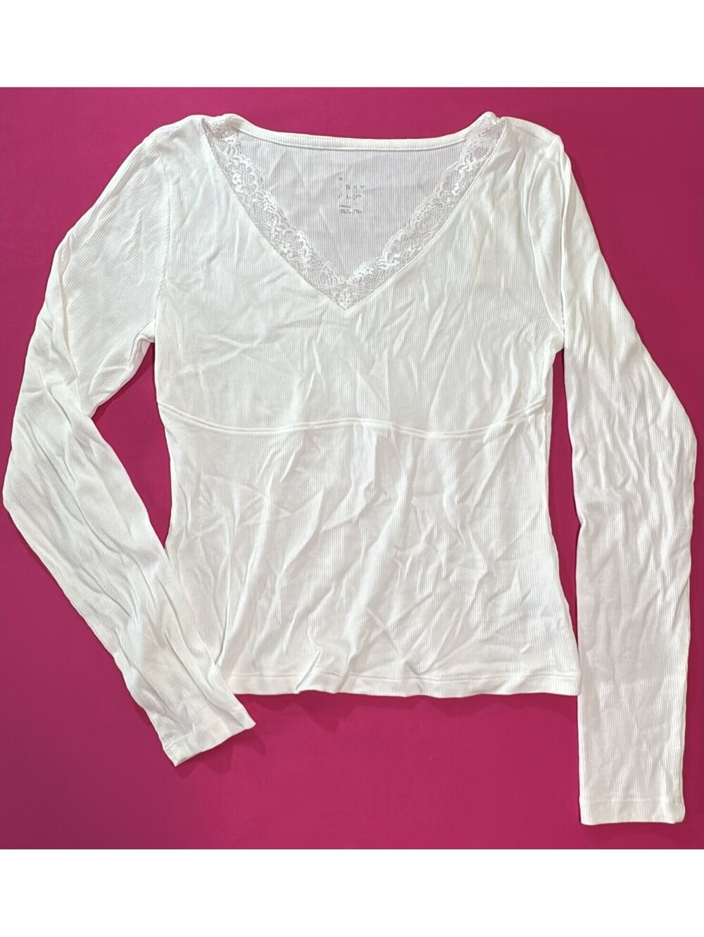 A New Day White Lace Trim Ribbed Long Sleeve Top Size Small New